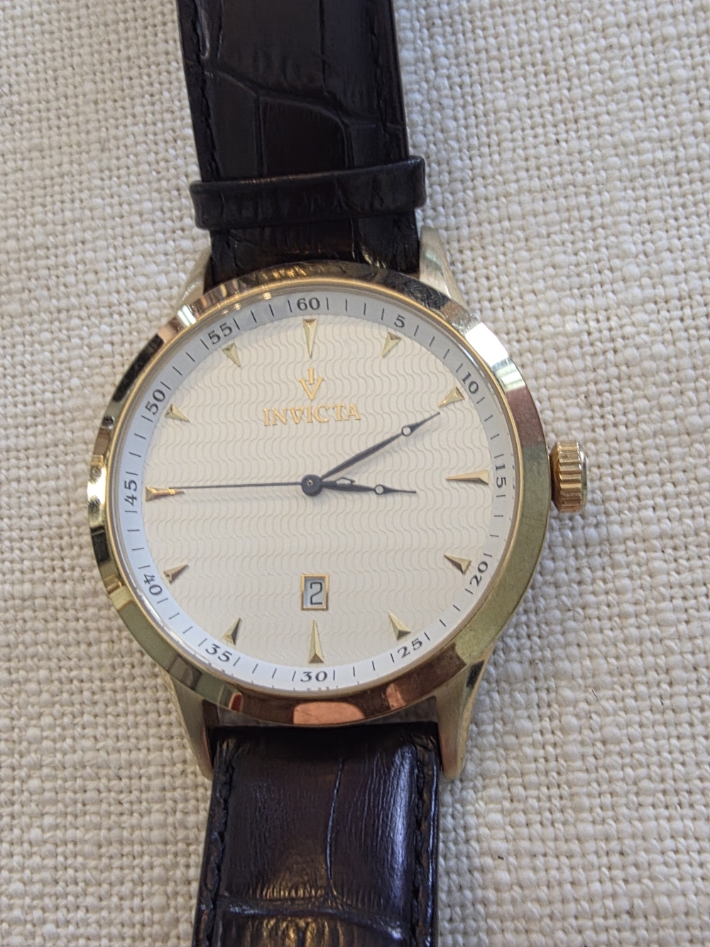 Invicta Gold-Tone Dress Watch with Black Genuine Calf Leather Strap